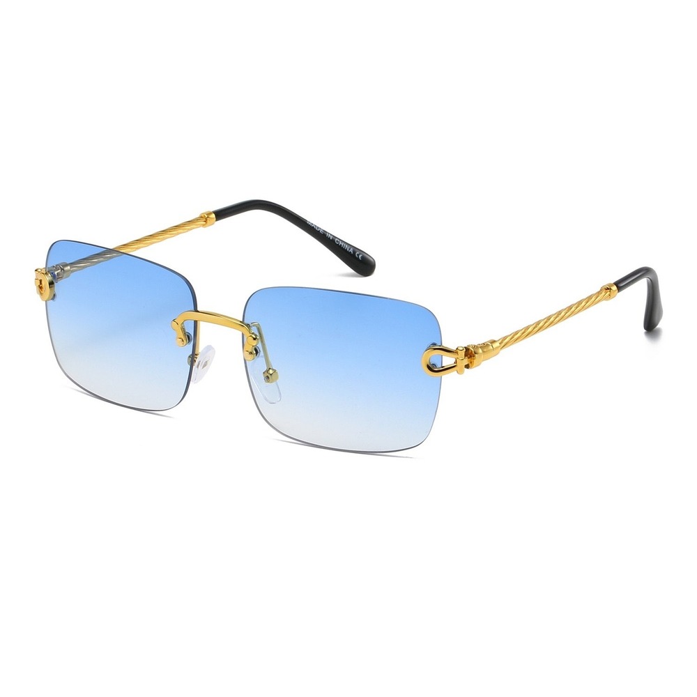 Mens Rimless Square Sunglasses Blue Gradient Gold Twisted Rope Frame Retro Shape - Picture 9 of 11